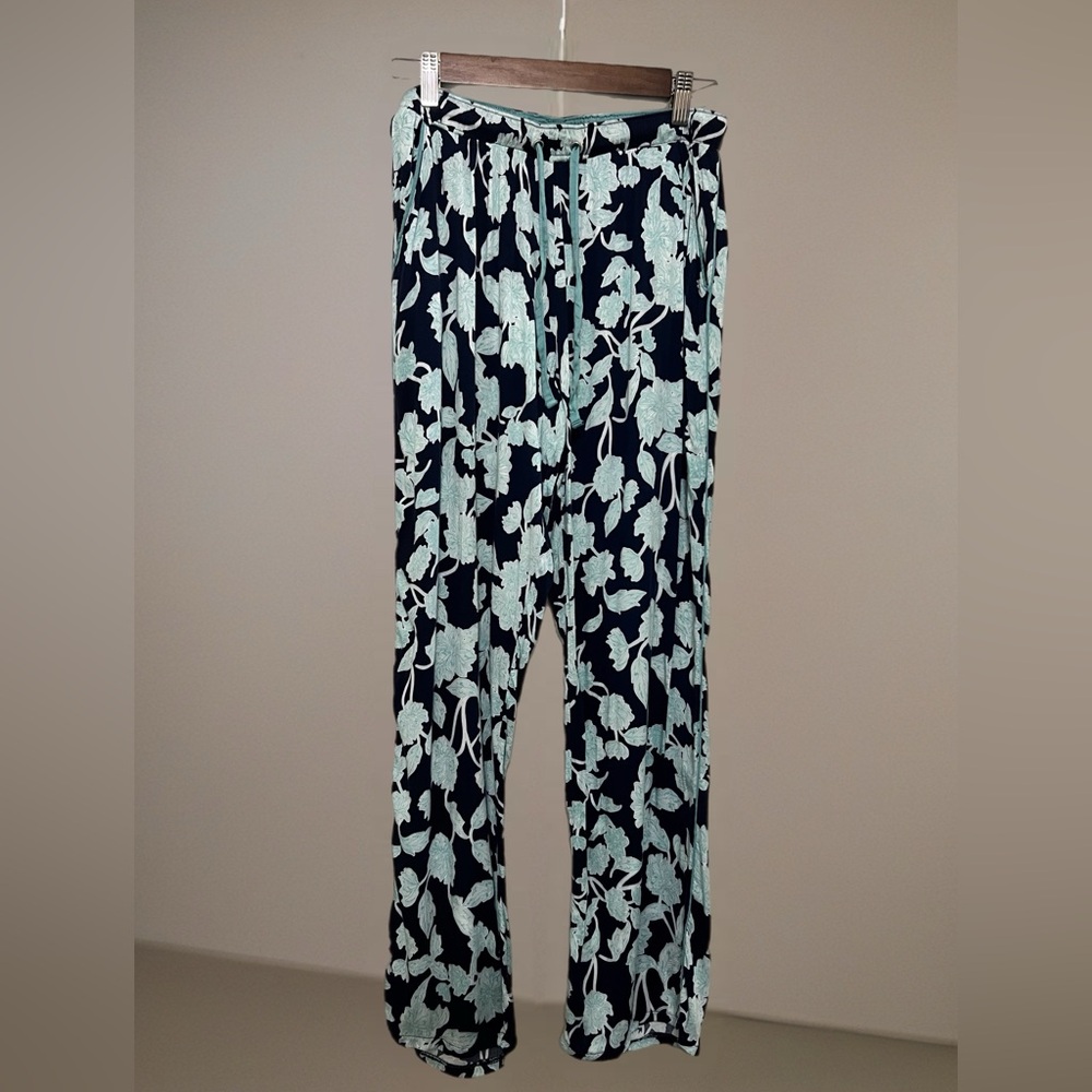 Splendid Soft Pajama Lounge Pants Floral Print Navy Pale Turquoise Size L